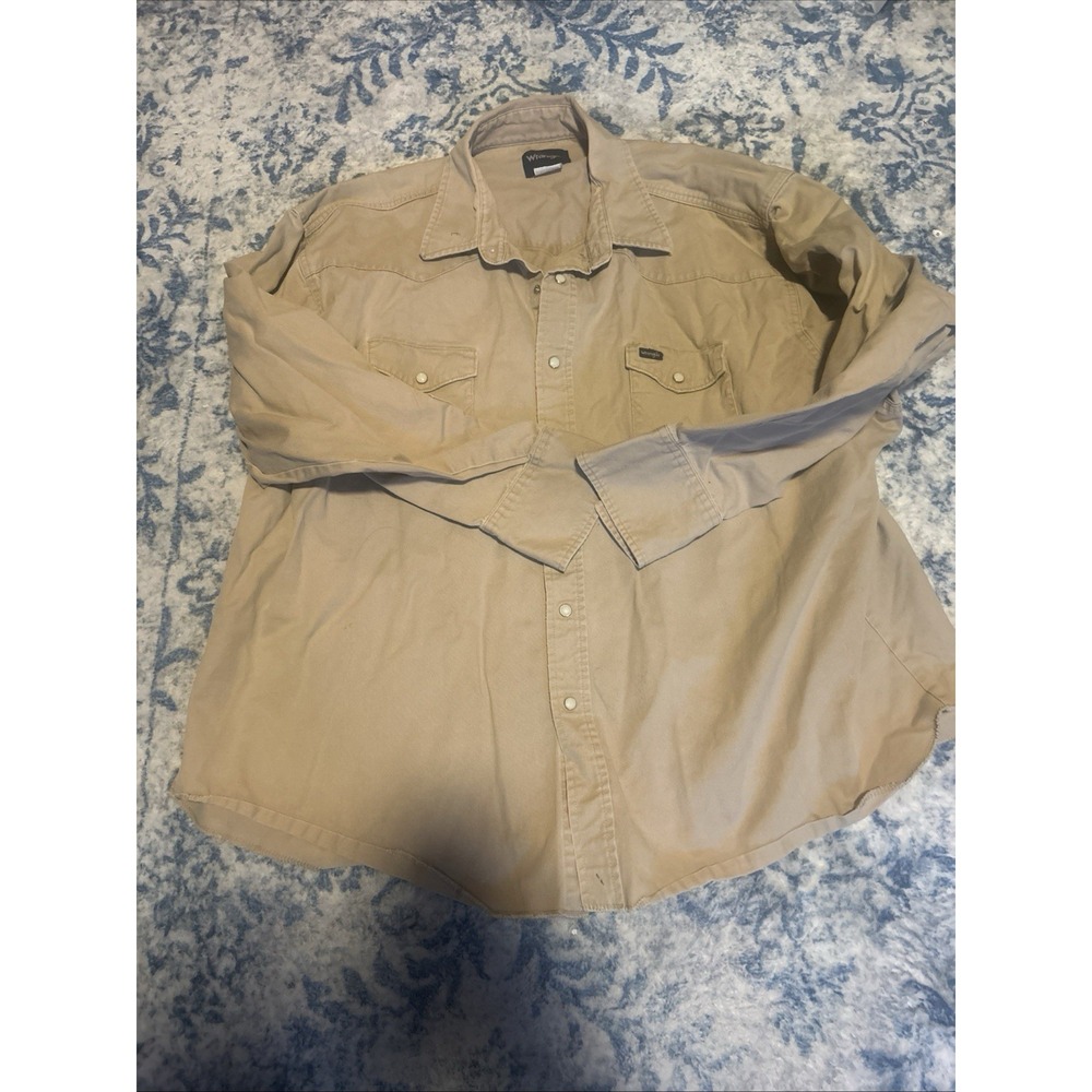 VINTAGE Wrangler Shirt Mens 3X Pearl Snap Canvas Khaki Brown Long Sleeve Western